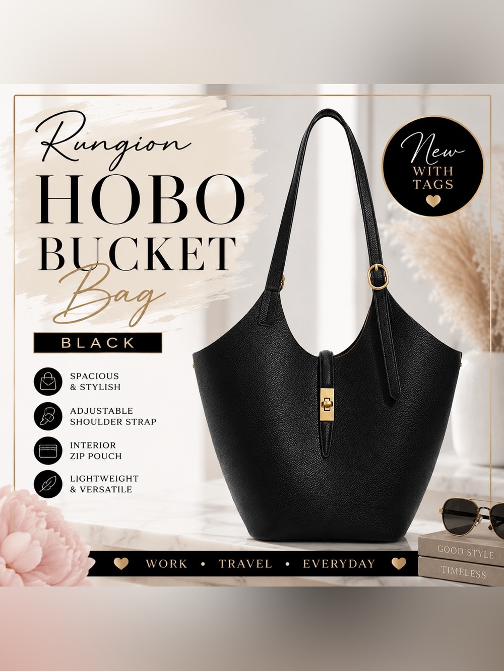 NWT Rungion Black PU Leather Hobo Bucket Bag Gold Hardware